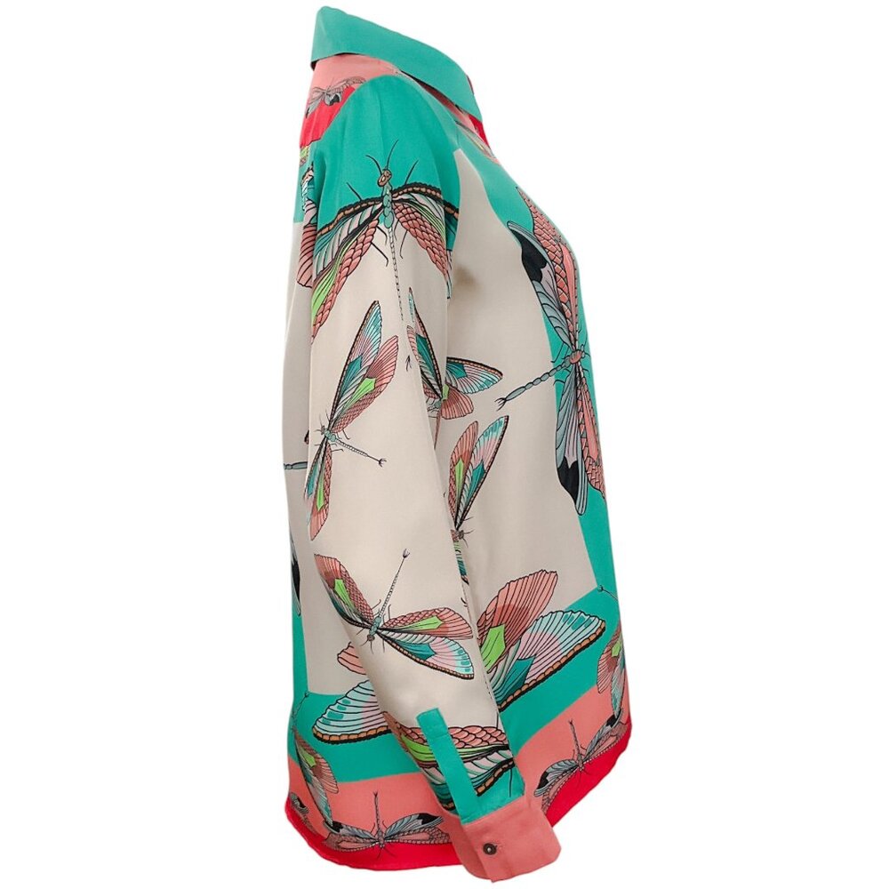 Franco Ferrari Coral / Aqua Insect Print Silk Blouse - Picture 2 of 4